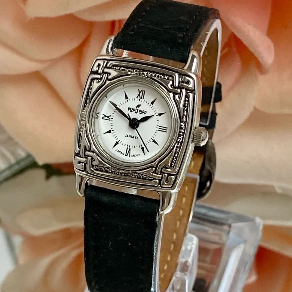 Peyote Bird Santa Fe White Dial Silver-tone Southwest Style Watch Leather Strap